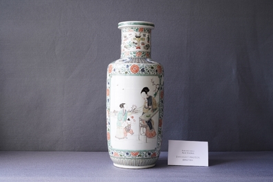 A fine Chinese famille verte rouleau vase, Kangxi